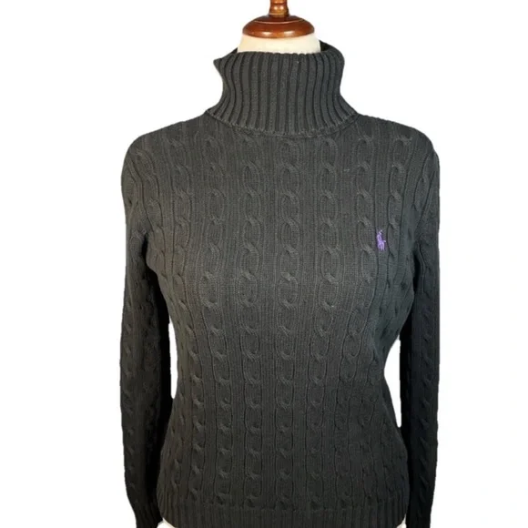 VINTAGE Ralph Lauren Black Cable Knit Turtleneck Sweater - Picture 1 of 5